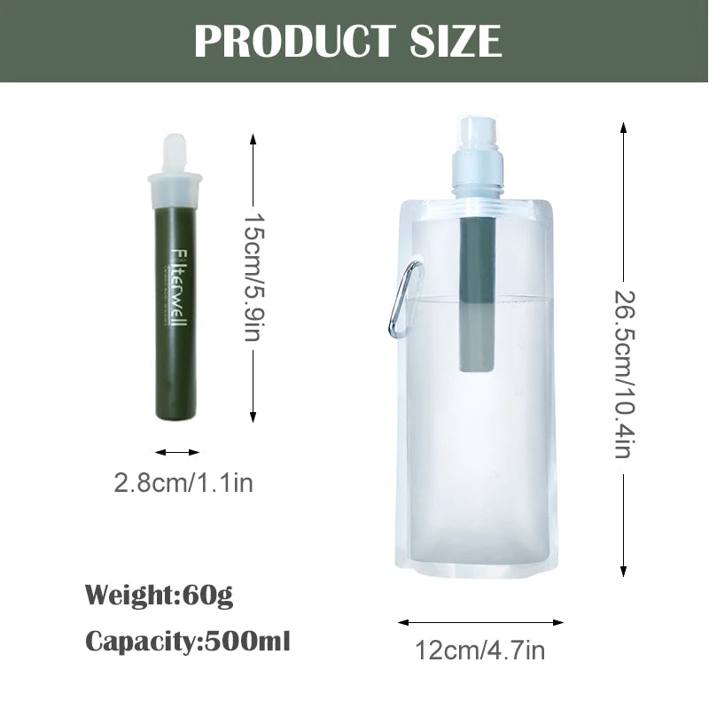 Outdoor Water Filter Bottle Straw Purifier for Camping, Hiking & Emergency Use