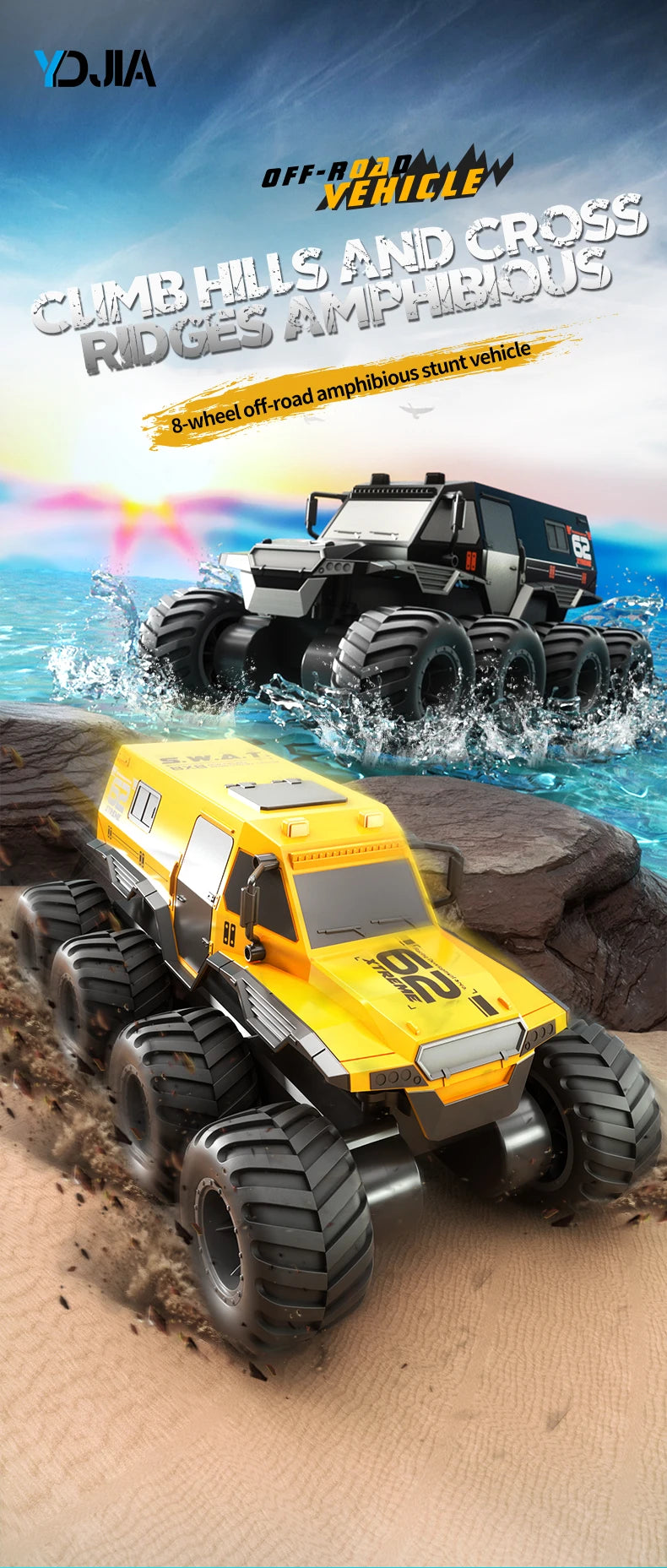 8X8 RC Car 8WD Amphibious Off-Road Stunt Truck 2.4G Waterproof Racing Crawler