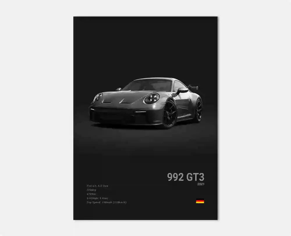 Pop B&W German Luxury Super Sport Car Canvas Poster 911 GT3 RS Turbo 918 993 GT4