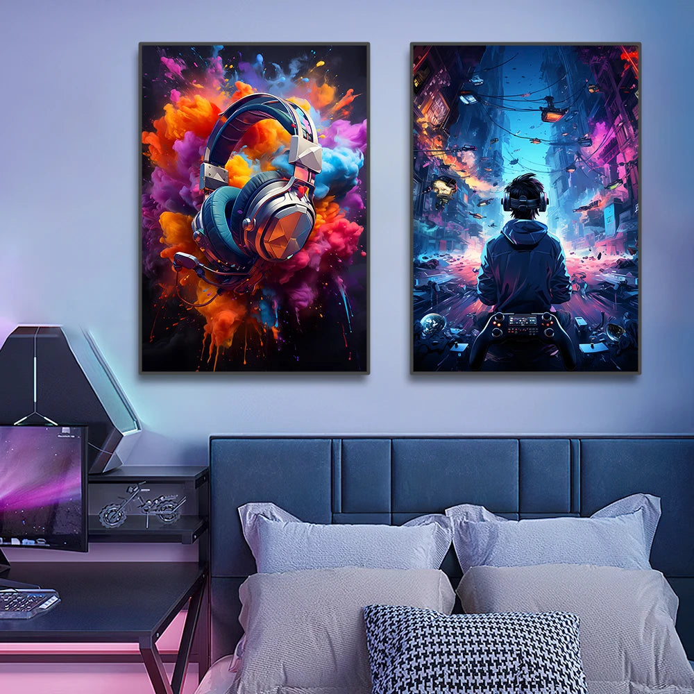 80s 90s style Neon Cyberpunk Gamer Controller Canvas Art Print Vibrant Mancave
