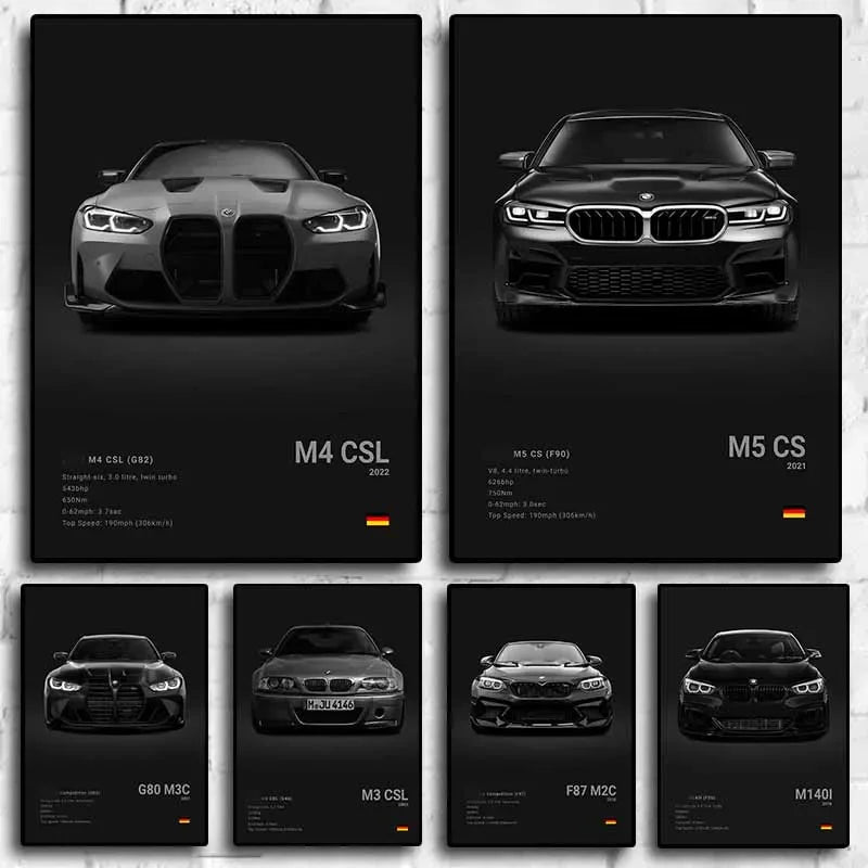 Pop B&W Luxury Car Canvas Poster Mancave Supercar MSport F80 M3 M140 GTR F87 G80