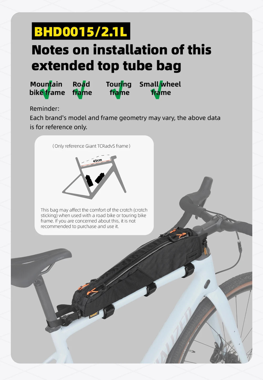 Rhinowalk 2.1L Waterproof Bike Top Tube Bag MTB Gravel Frame Storage Pouch