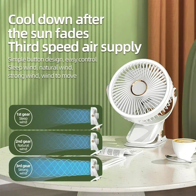8000mAh Clip-on  Rechargeable Camping travel Fan Desktop Portable Wireless usb Fan With LED Light