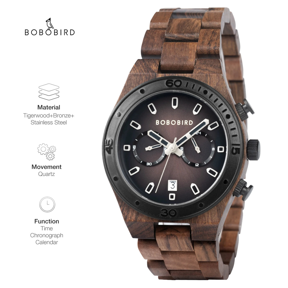 BOBO BIRD Men’s Wooden Chronograph Watch – Business Style with Date Display
