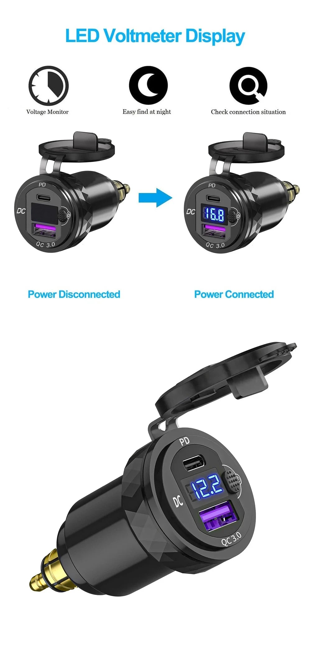 30W QC3.0 USB Type C PD Fast Charger Hella DIN Plug for BMW Ducati Triumph