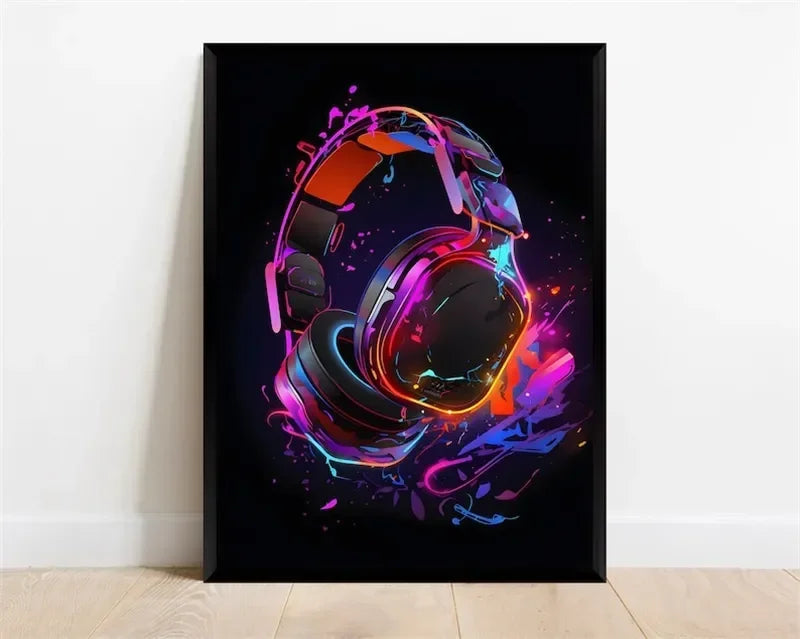 Pop Neon Video Game Character Canvas Wall Art Gamepad Headphones Gaming Room