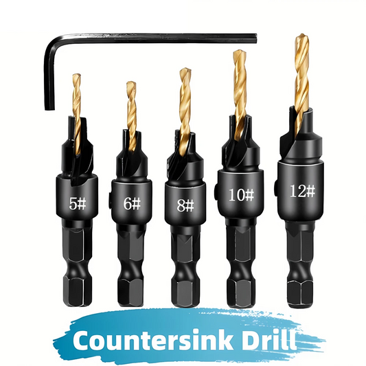 5pc 1/4" Hex Shank Countersink Drill Bit Set for Wood Screws #5–#12 Pilot Hole